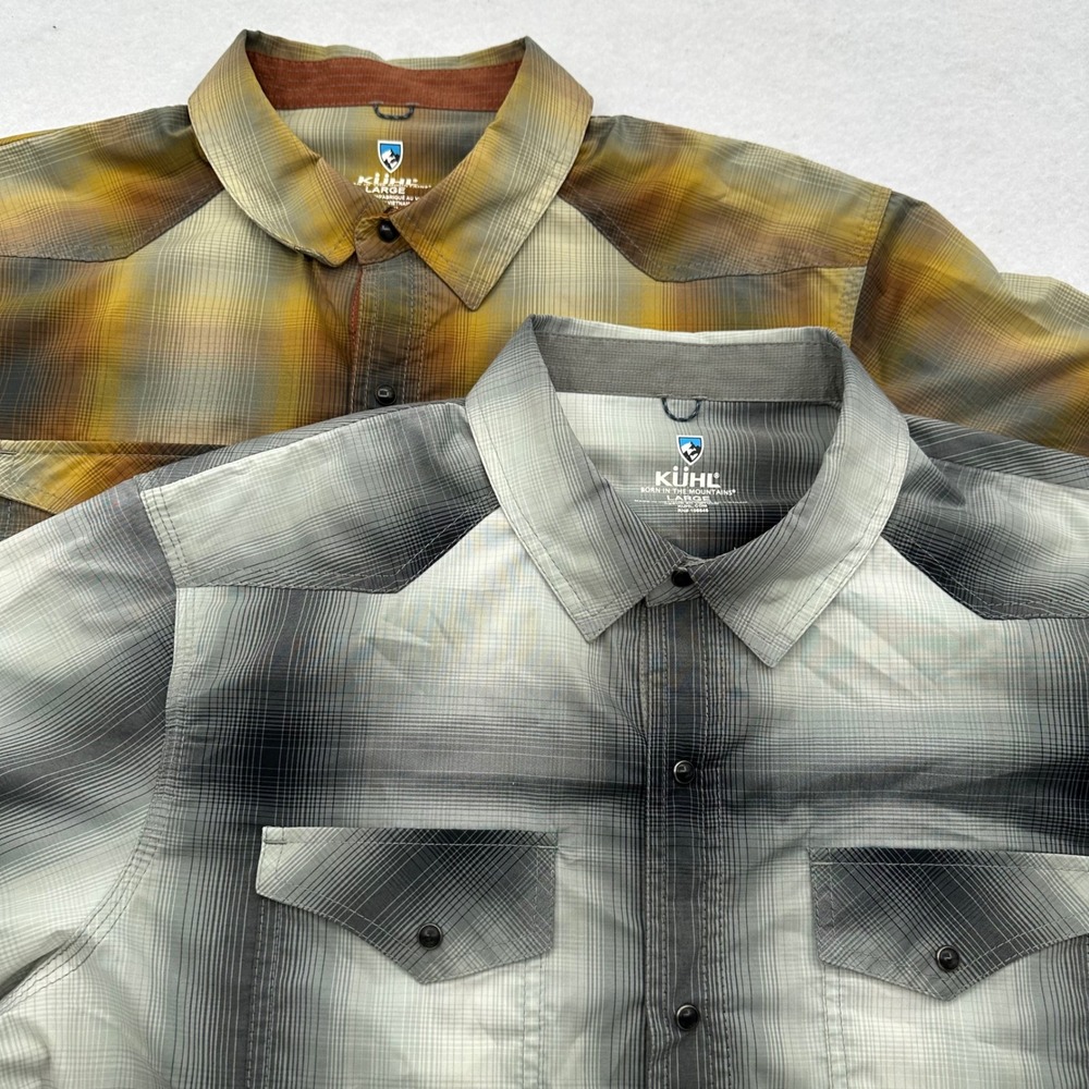 Lot 2 KUHL Mens Shadow Plaid Snap Front Western Shirts Large L Grey Mustard